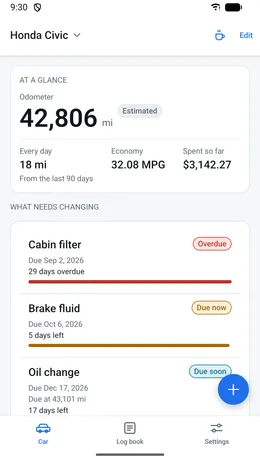 The car screen showing the odometer, daily distance, fuel economy, money spent and services coming due