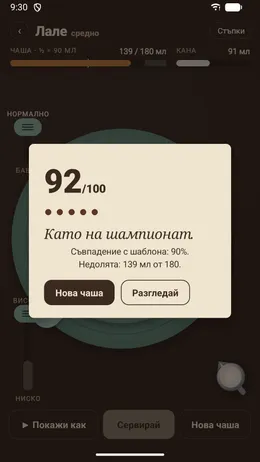 Карта с оценка 92 от 100 за лале, със съвпадението с шаблона и колко е пълна чашата