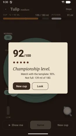 Score card reading 92 out of 100 for a tulip, with the match to the template and how full the cup is