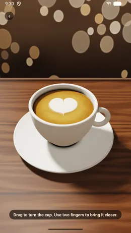 A served cup with a latte art heart on a saucer, shown in 3D on a wooden café table